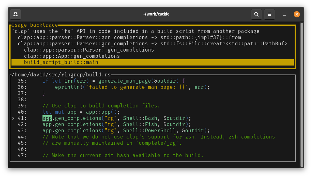 Screenshot of backtrace for an API usage